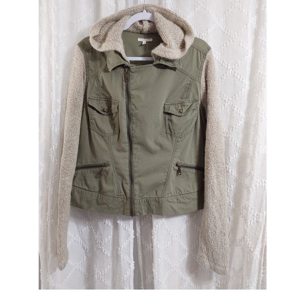 Maurices Olive Green Utility Jacket XL Beige Knit Hooded Mixed Media Moto Zip